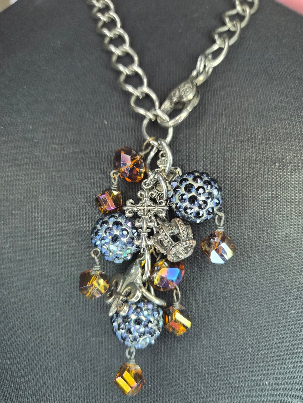 Vintage Statement Cluster Necklace - Iridescent Blue, Amber & Silver Charms EUC